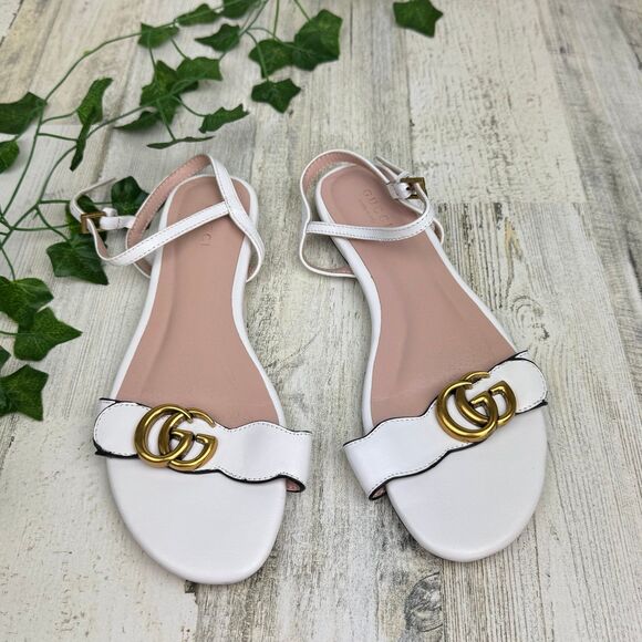 Gucci Double G Sandals Flat White Leather Interlocking GG Size 37 - Picture 1 of 7